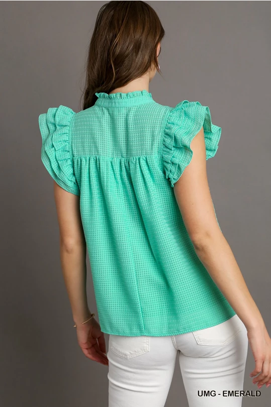 Umgee Emerald Organza Layered Ruffle Sleeve Split Neck Top