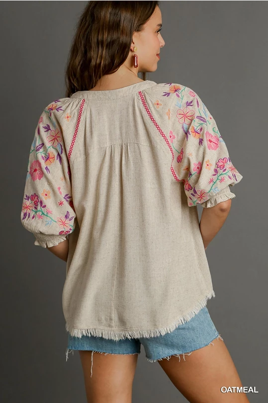 Umgee Linen Split Neck Mid Button Down Top with Embroidered Sleeves