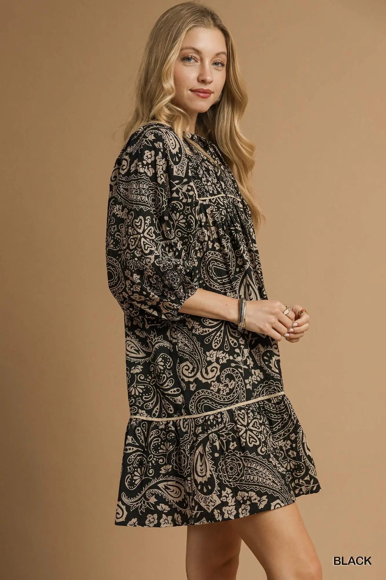 Umgee Paisley Smocked Tiered Mini Dress