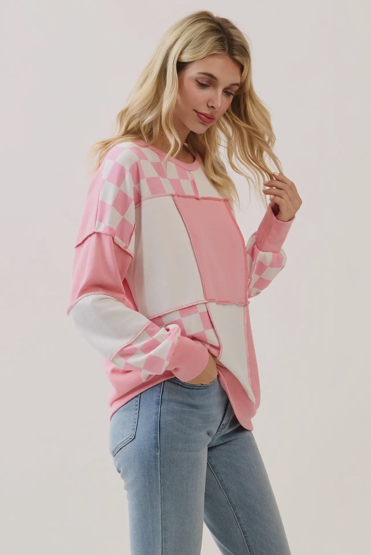 Checkered Print Patchwork Top