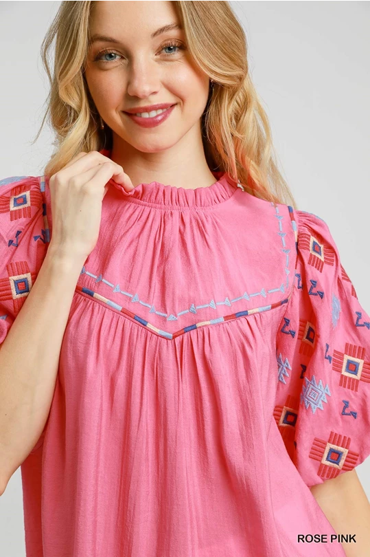Umgee Rose Pink Embroidered High Neck Top