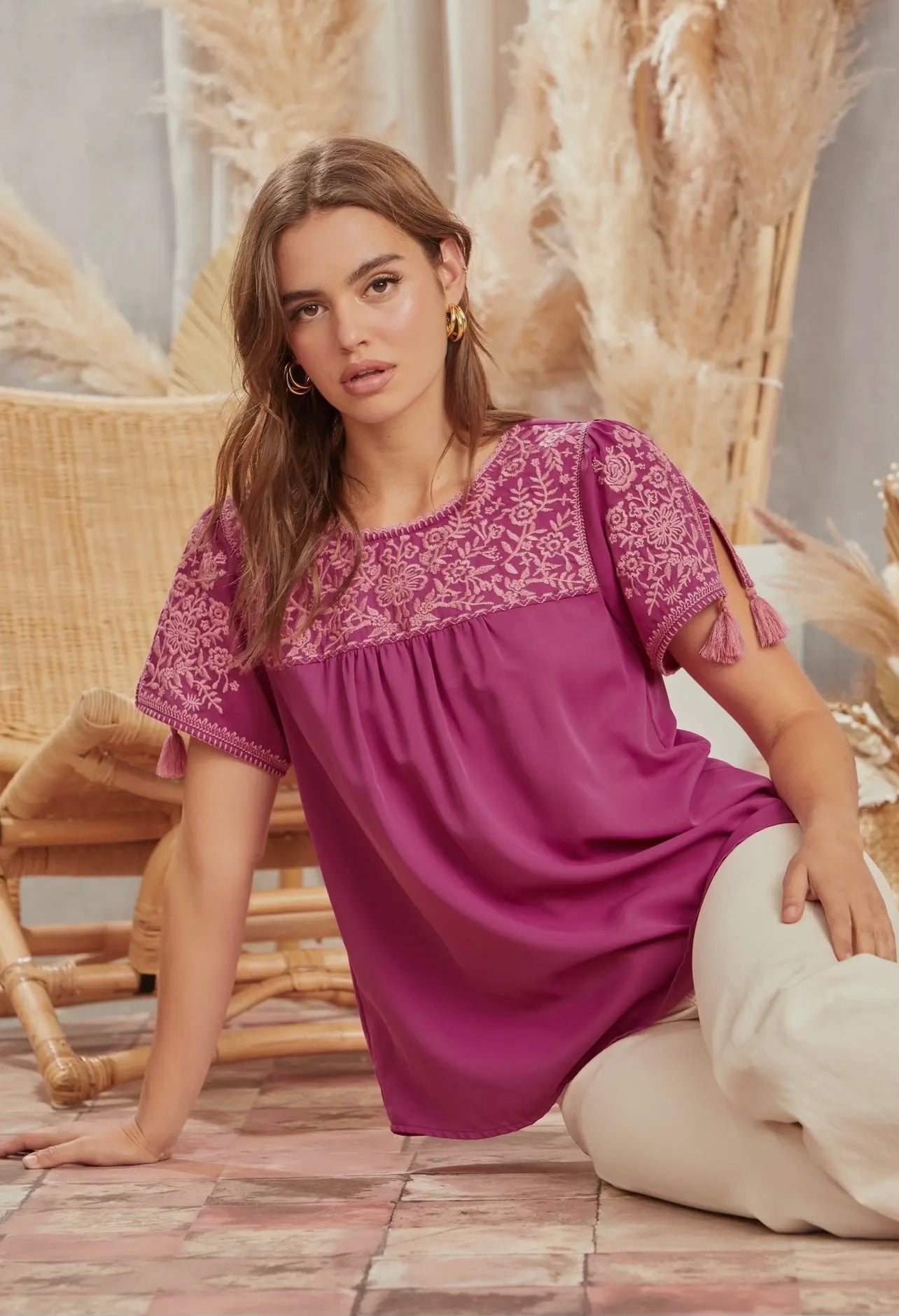 Andree Mauve Embroidered Babydoll Top