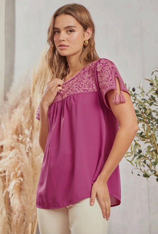 Andree Mauve Embroidered Babydoll Top