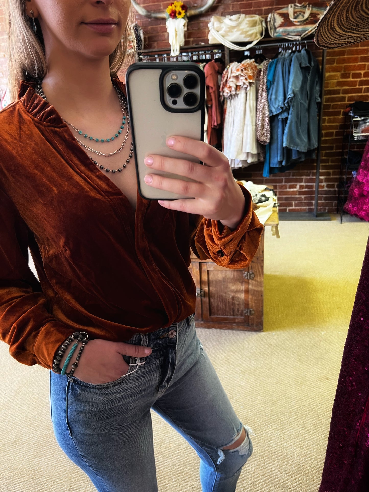 Burnt Orange Frilled Collar Velvet Shirt