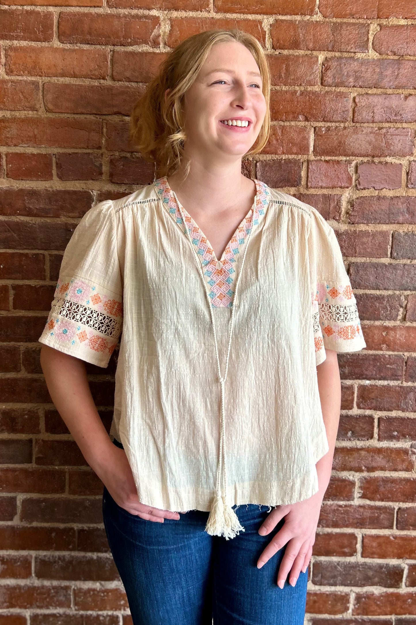 Pattern Embroidered Tassel Blouse