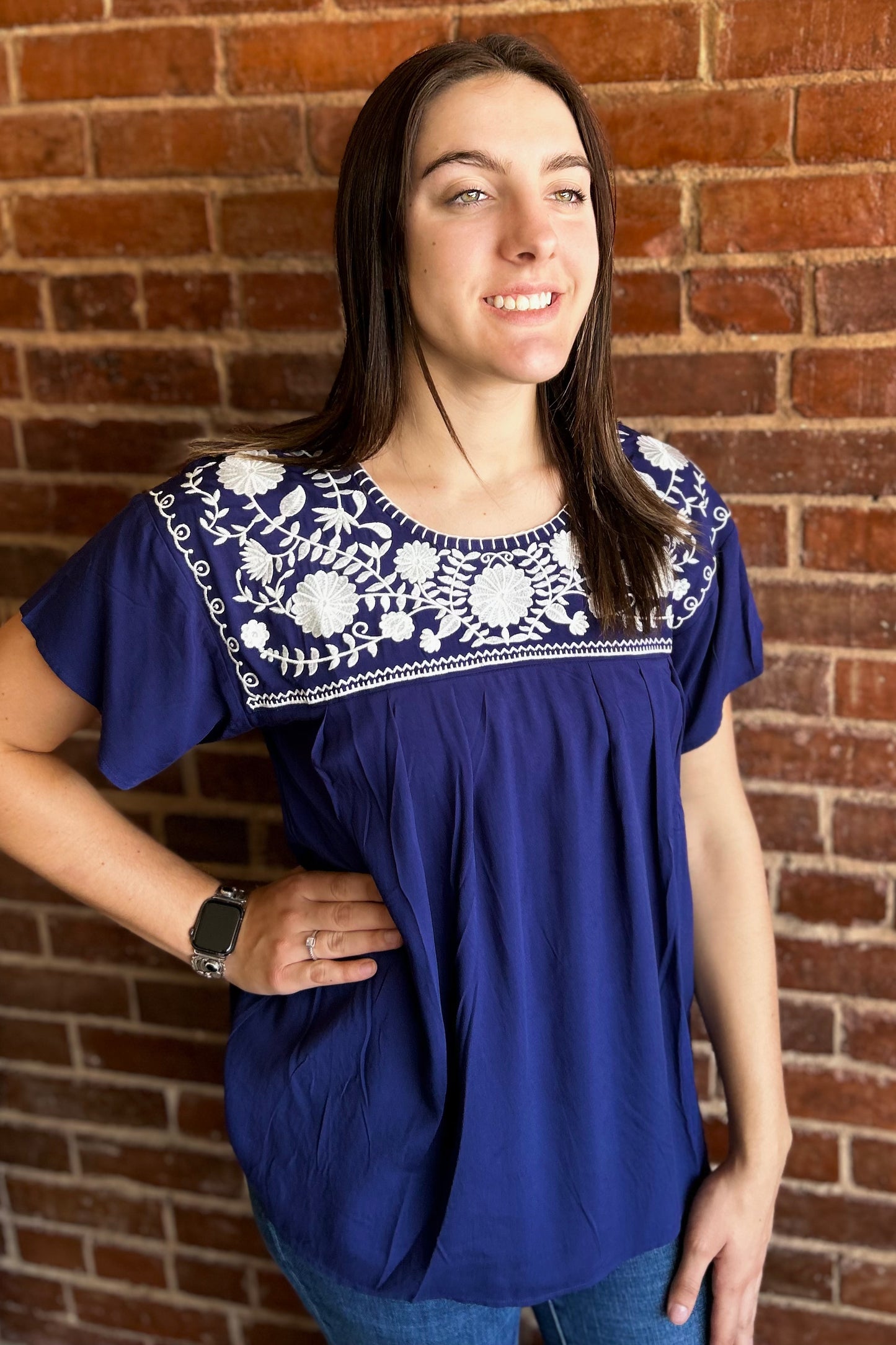 Navy Embroidered Top